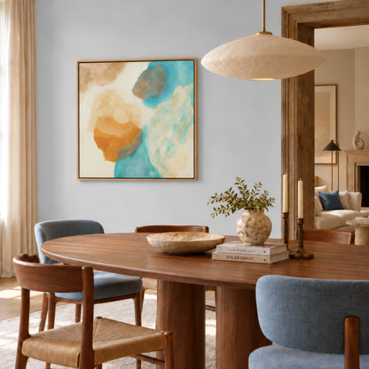 Magic Bird, nature inspired abstract art print on canvas hanging in a modern dining area. Ingeborg Andersson Art 