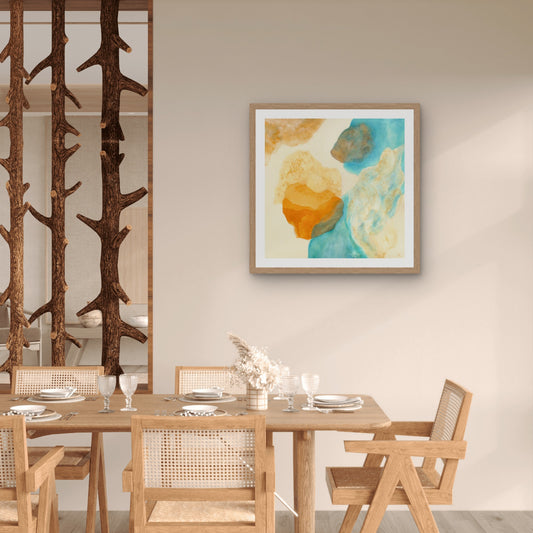 Magic Bird, nature inspired abstract art print hanging in a dining area, scandinavian style. Ingeborg Andersson Art