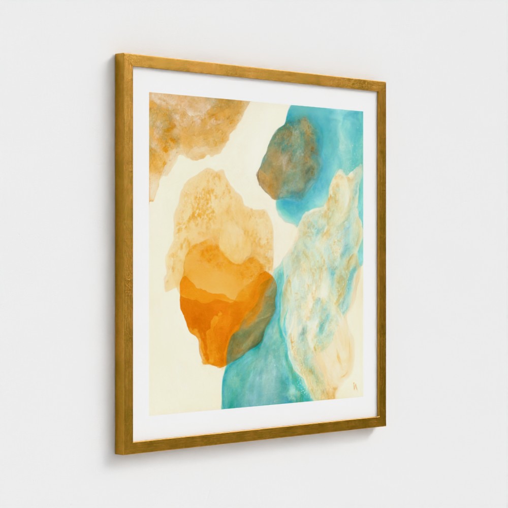 Magic Bird, nature inspired abstract art print on paper, classic frame in gold finish. Ingeborg Andersson Art