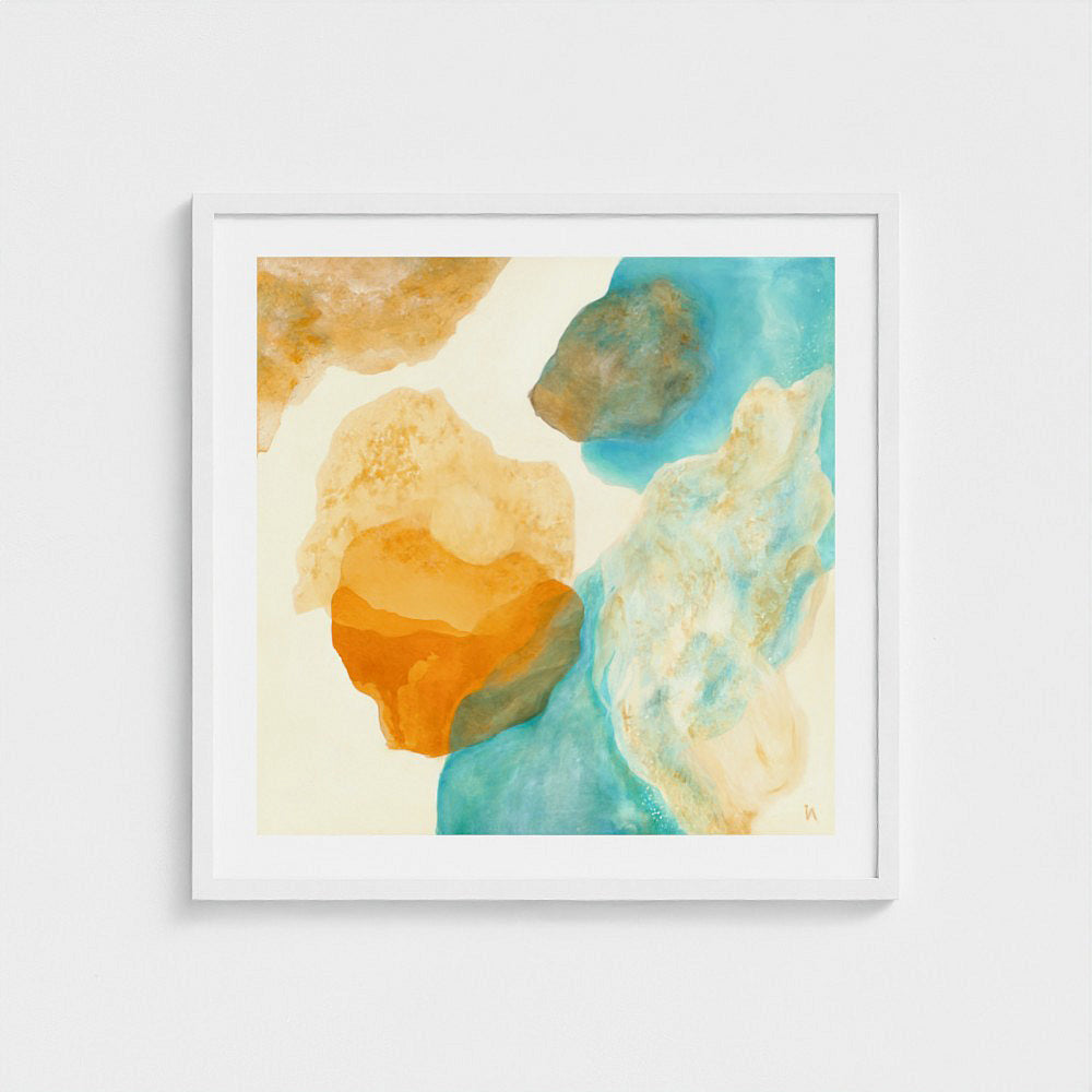 Magic Bird, nature inspired abstract art print on paper, white classic frame. Ingeborg Andersson Art