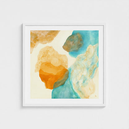Magic Bird, nature inspired abstract art print on paper, white classic frame. Ingeborg Andersson Art