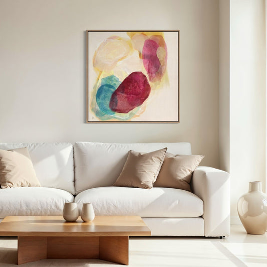 Minerals, earthy abstract art print in natural frame with layered green, turquoise and warm tones evoking natural mineral formations. Hanging in a modern living room, Scandinavian style. Ingeborg Andersson Art