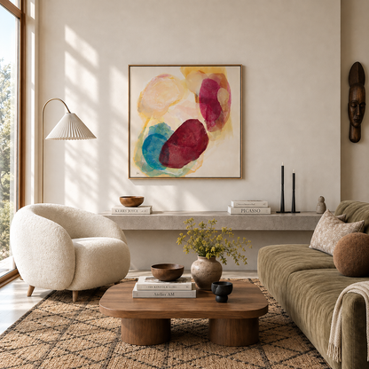 Minerals, earthy abstract art print in natural frame with layered green, turquoise and warm tones evoking natural mineral formations. Hanging in a modern contemporary living room. Ingeborg Andersson Art
