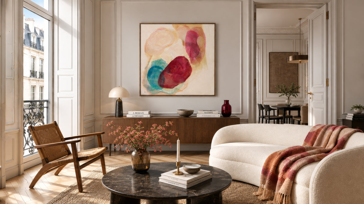 Minerals, earthy abstract art print in a natural frame, with layered green, turquoise. Styled in a contemporary Parisian apartment living room.
Ingeborg Andersson Art