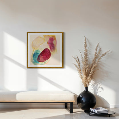 Minerals, earthy abstract art print on paper in a classic frame, gold finish. Hanging above a bench. Ingeborg Andersson Art 