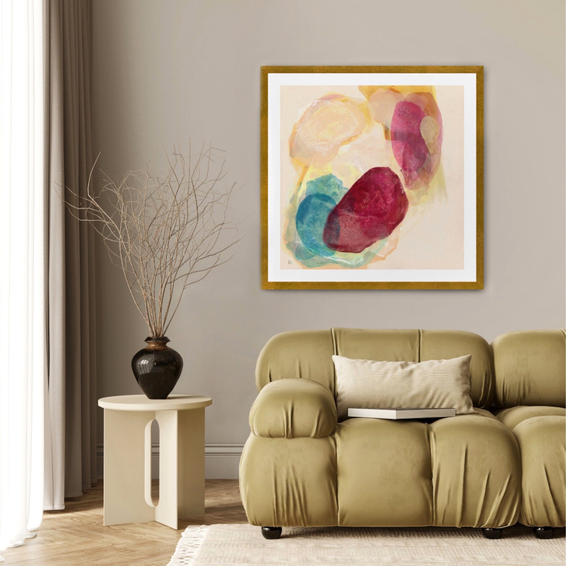 Minerals , earthy abstract art print with layered green, turquoise and warm tones evoking natural mineral formations on paper. Hanging in modern living room by Ingeborg Andersson