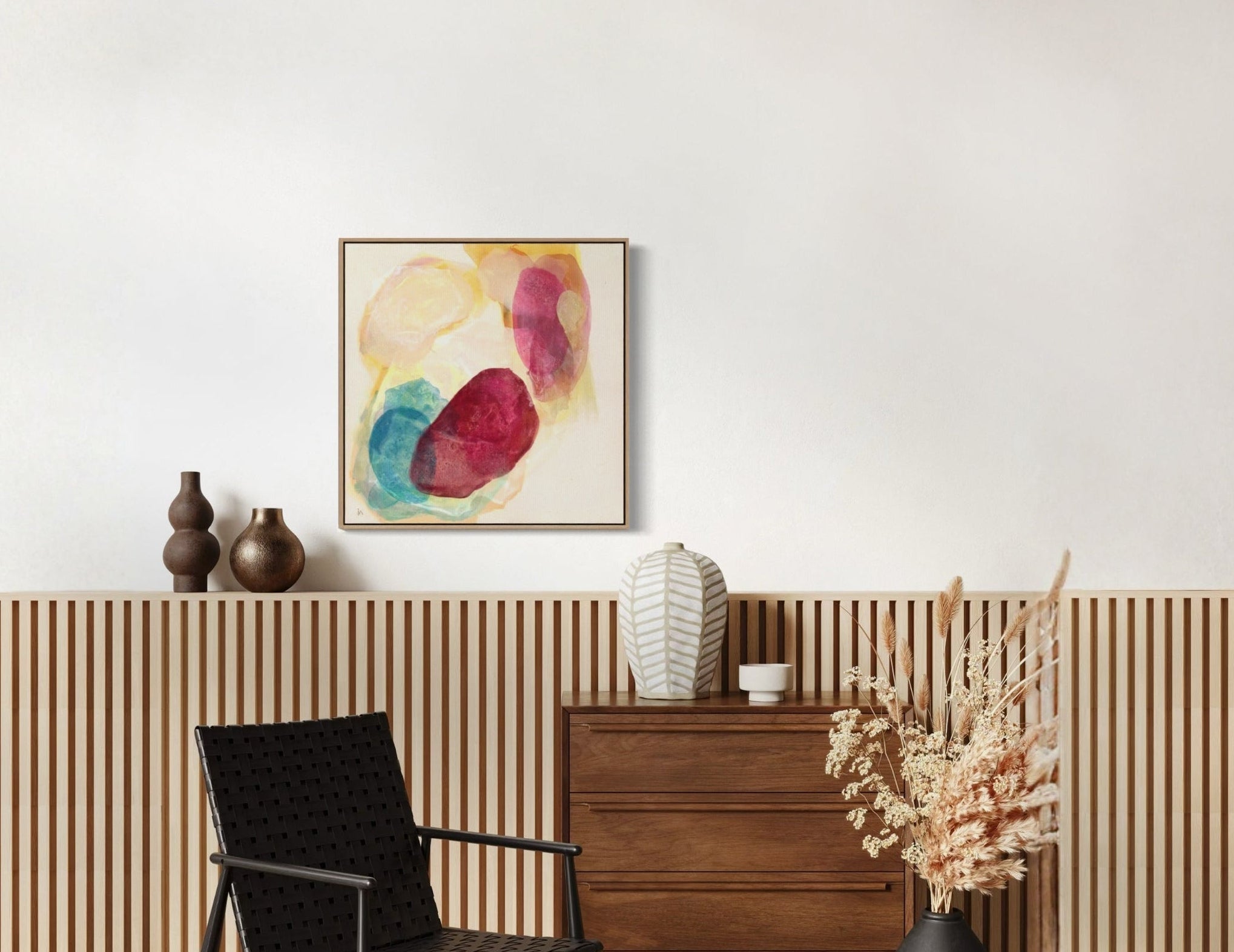 Minerals, earthy abstract art print on paper, framed. Hanging in modern living room. Ingeborg Andersson Art