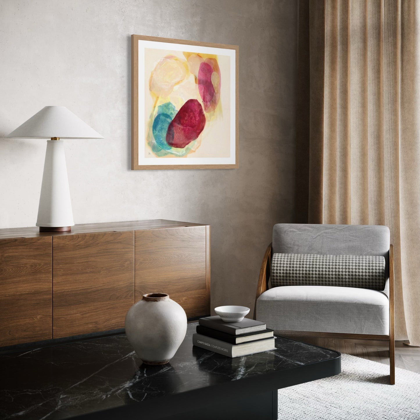 Minerals, earthy abstract art print on paper, framed. Hanging in modern reading nook. Ingeborg Andersson Art