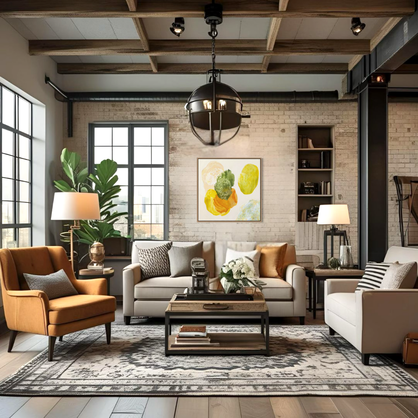 Spring, joyful abstract art print in a modern living room, industrial style. Ingeborg Andersson Art