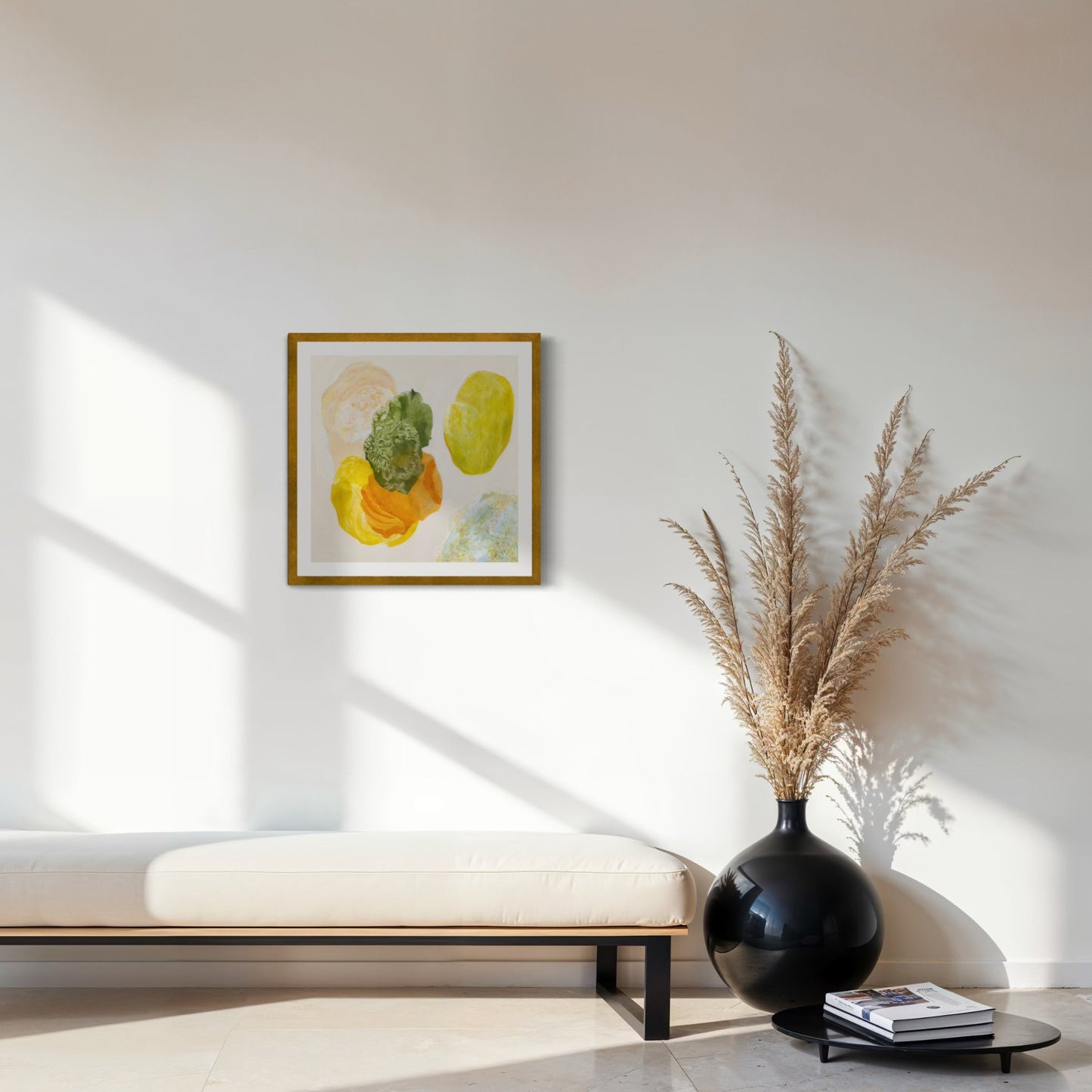 Spring, joyful abstract art print on paper, framed in a gold finish. Hanging in a seating area. Ingeborg Andersson Art