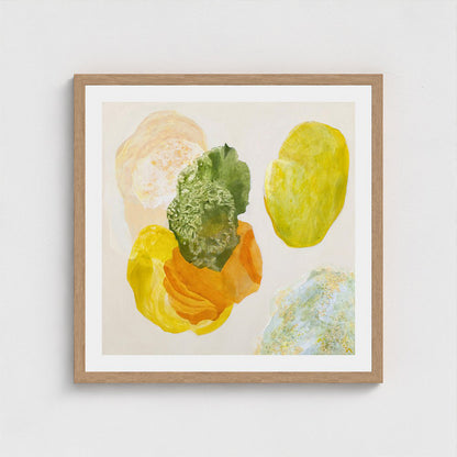Spring, joyful abstract art print on paper, classic frame in natural finish, close up. Ingeborg Andersson Art