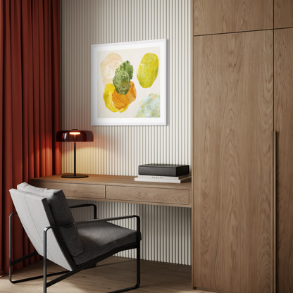 Spring, joyful abstract art print on paper, framed, hanging in modern office corner. Ingeborg Andersson Art