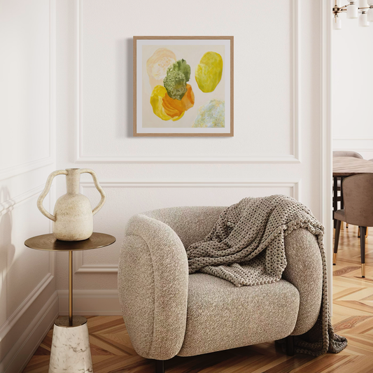 Spring, joyful abstract art print with citrus yellow and vibrant green organic forms evoking spring renewal on paper. Ingeborg Andersson Art