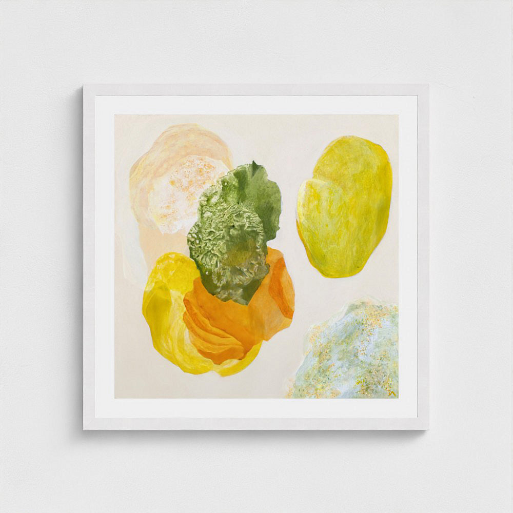 Spring, joyful abstract art print on paper, classic frame in white finish, close up. Ingeborg Andersson Art