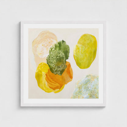 Spring, joyful abstract art print on paper, classic frame in white finish, close up. Ingeborg Andersson Art