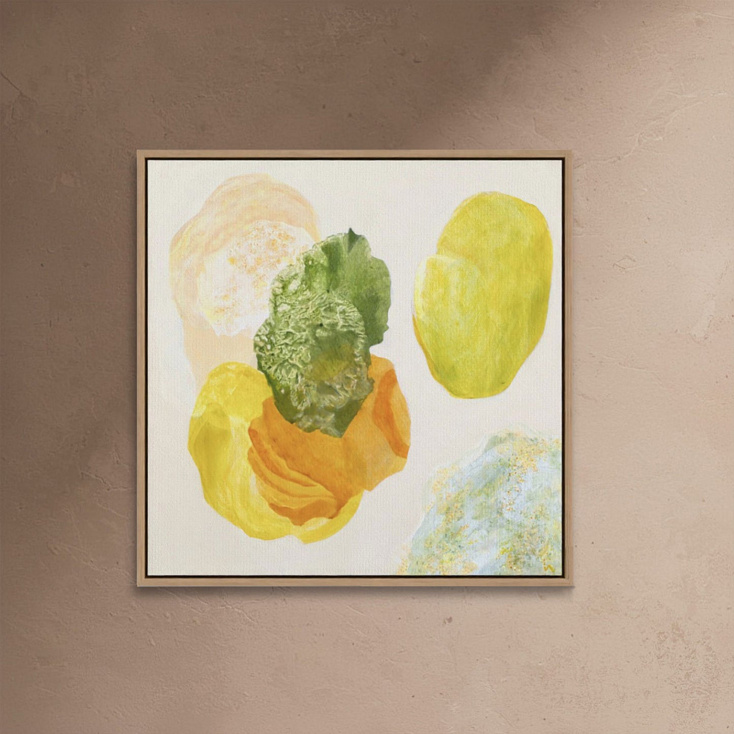 Spring, joyful abstract art print with citrus yellow and vibrant green organic forms evoking spring renewal in a natural frame. Ingeborg Andersson Art