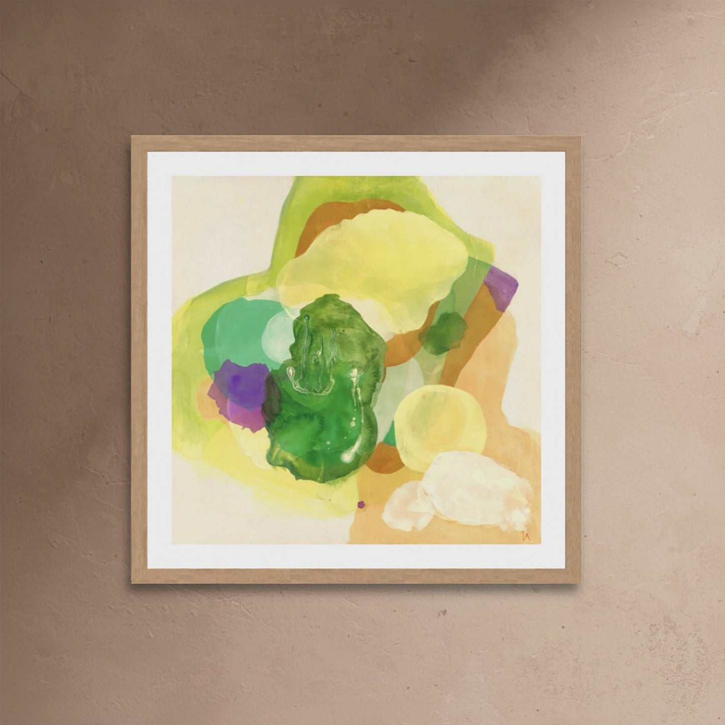 The Frog, organic abstract art print on paper with a classic frame in natural finish, close-up. Ingeborg Andersson Art