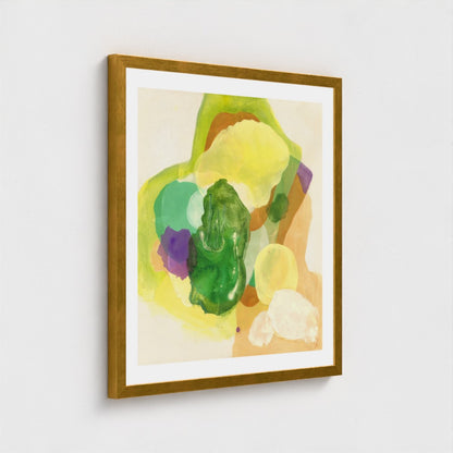 The Frog, organic abstract art print on paper in classic frame, gold finish., close-up. Ingeborg Andersson Art