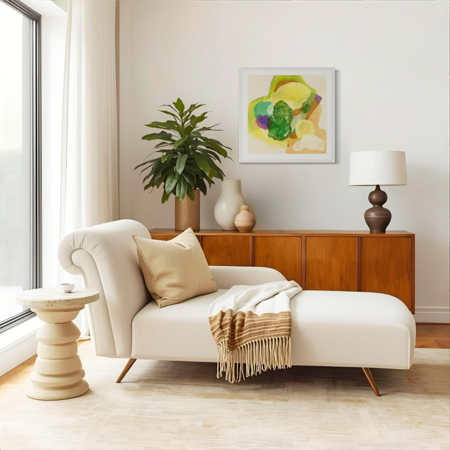 The Frog, organic abstract art print with rich green and earthy terracotta stone shapes and natural textures on paper. Hanging in a living room  modern mid-century style. Ingeborg Andersson Art