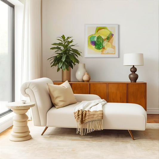 The Frog, organic abstract art print with rich green and earthy terracotta stone shapes and natural textures on paper. Hanging in a living room  modern mid-century style. Ingeborg Andersson Art