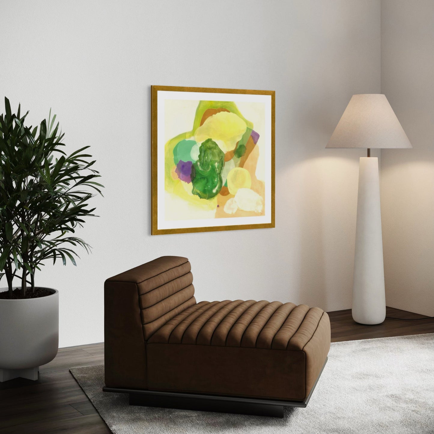 The Frog, organic abstract art print on paper with a classic frame in gold finish, hanging in a minimalistic living room. Ingeborg Andersson Art