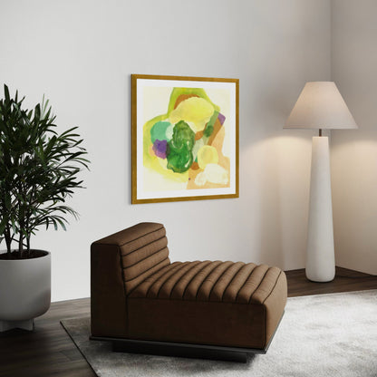The Frog, organic abstract art print on paper with a classic frame in gold finish, hanging in a minimalistic living room. Ingeborg Andersson Art