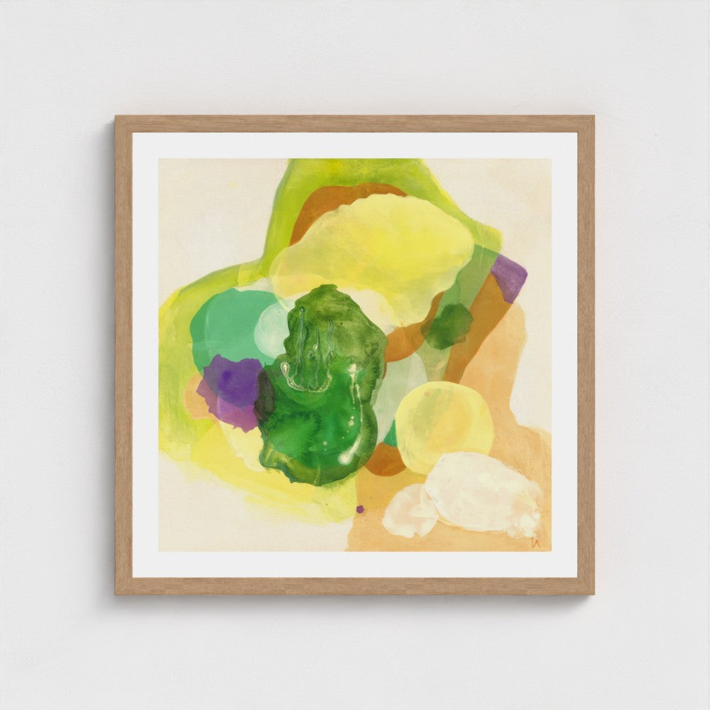 The Frog, organic abstract art print on paper in classic frame, natural finish, close-up. Ingeborg Andersson Art