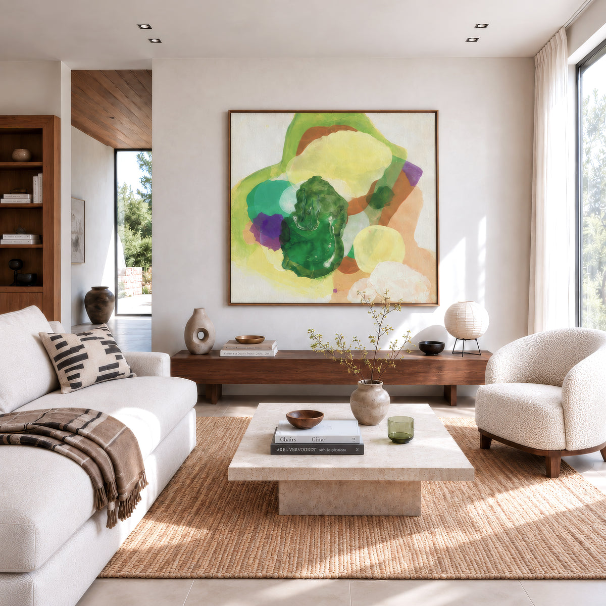 The Frog, organic abstract art print in natural frame hanging in a home office. Ingeborg Andersson Art
