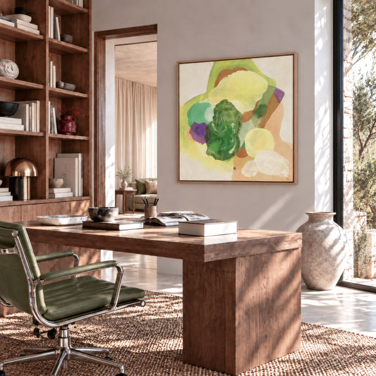 The Frog, organic abstract art print in natural frame hanging in a home office. Ingeborg Andersson Art