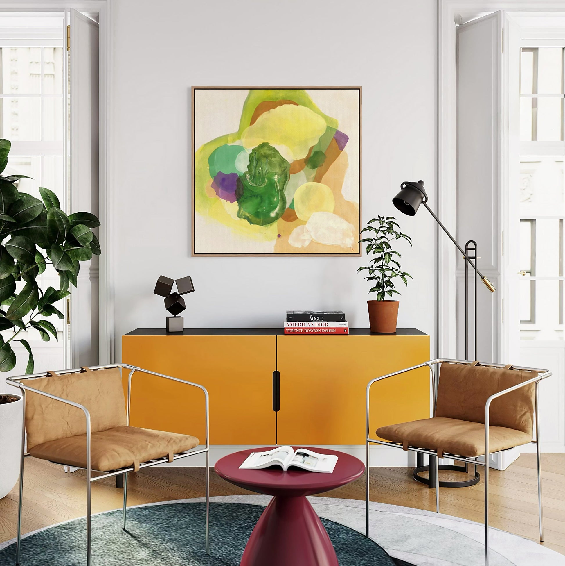The Frog, organic abstract art print with rich green and earthy terracotta stone shapes and natural textures. Hanging in a modern living room. Ingeborg Andersson Art