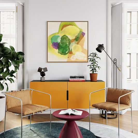 The Frog, organic abstract art print with rich green and earthy terracotta stone shapes and natural textures. Hanging in a modern living room. Ingeborg Andersson Art