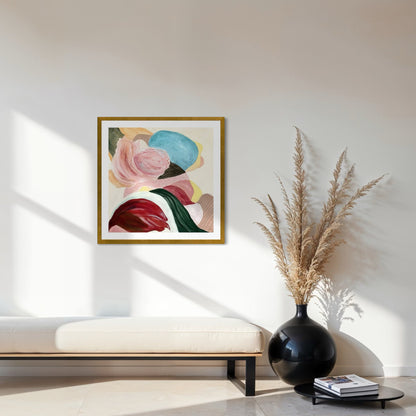 There is so much to tell, textured abstract art print on paper. Framed in gold finish, hanging above a bench. Ingeborg Andersson Art