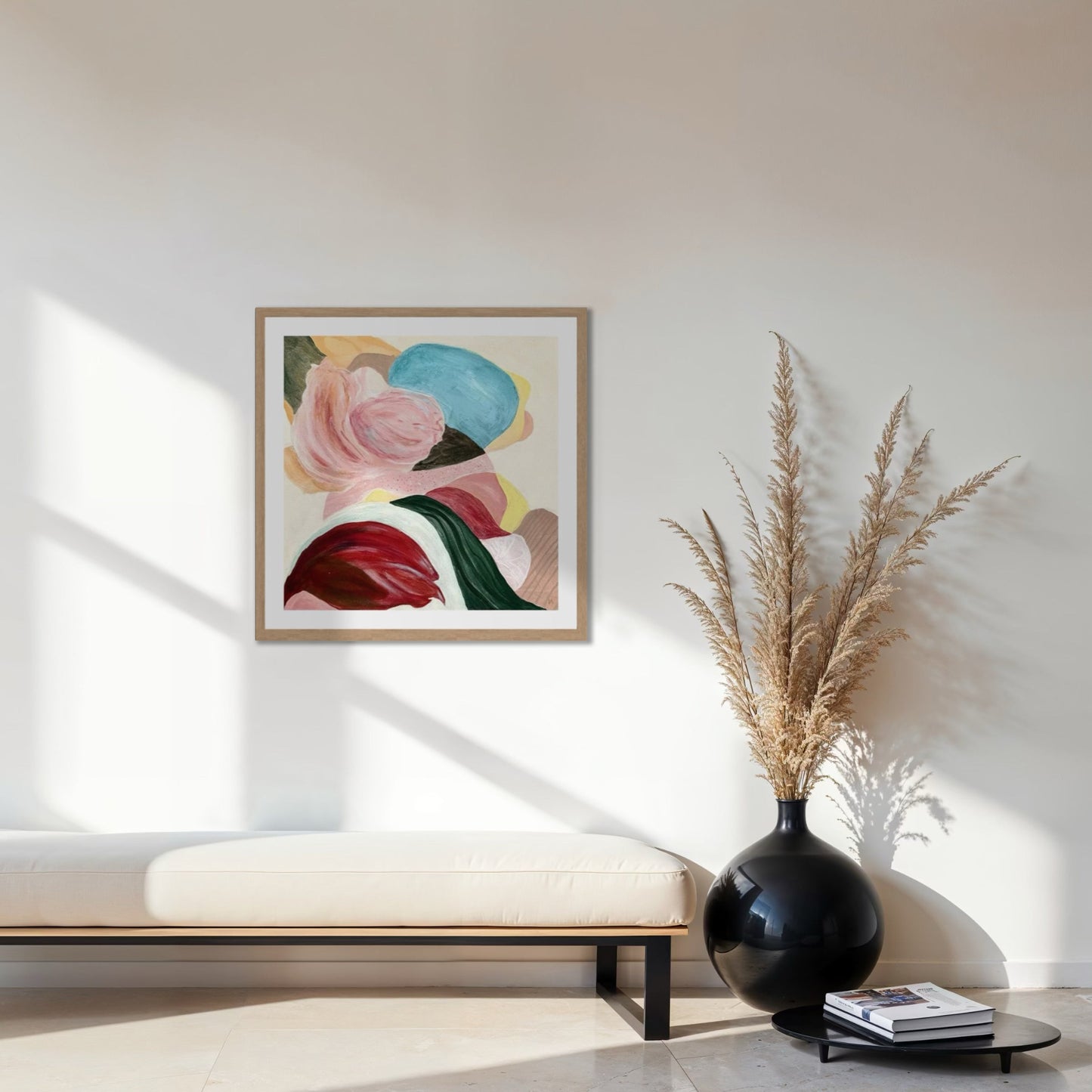 There is so much to tell, textured abstract art print on paper. Framed in natural finish, hanging above a bench. Ingeborg Andersson Art