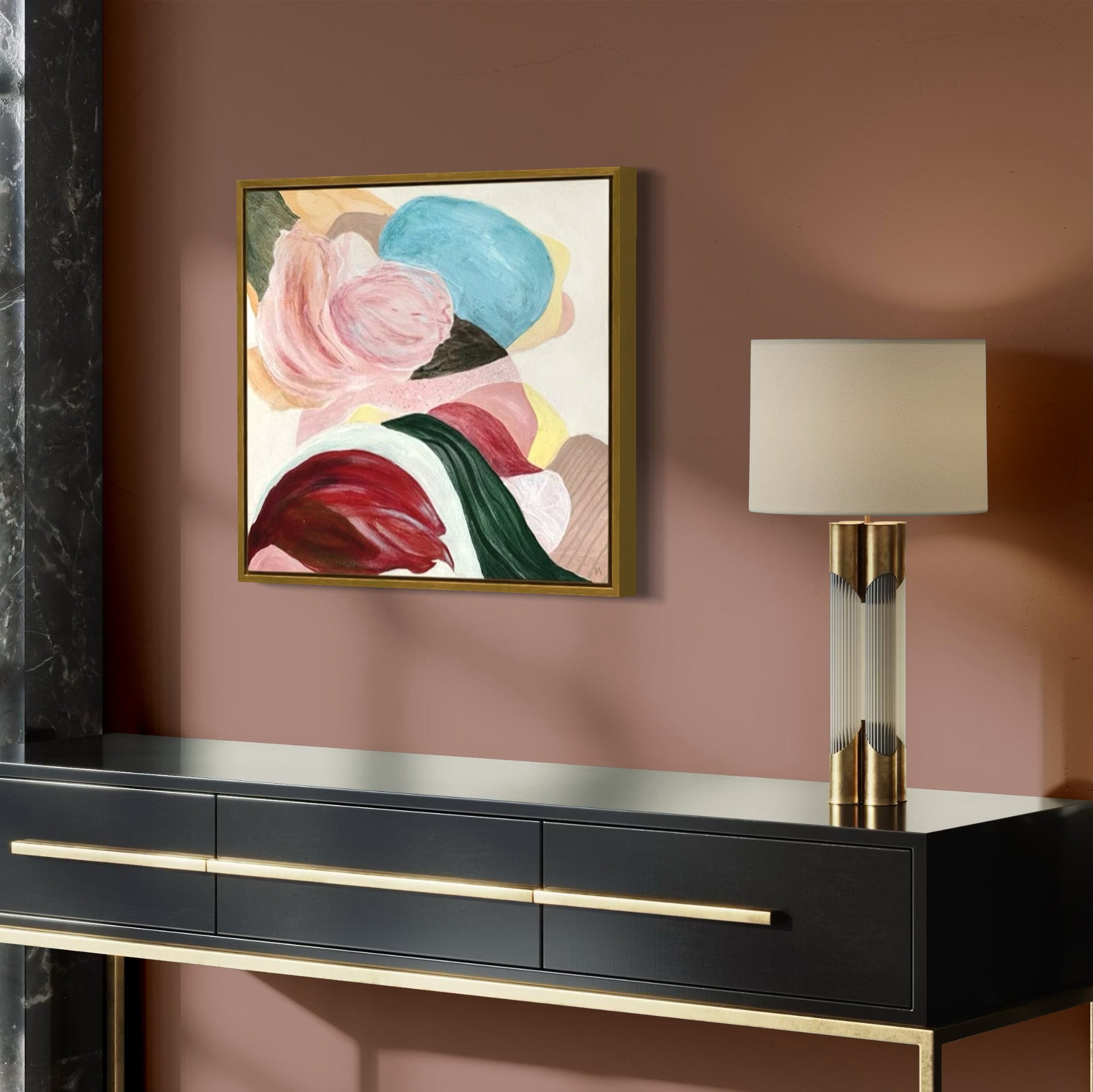 There is so much to tell, textured abstract art print in a modern hall way. Ingeborg Andersson Art
