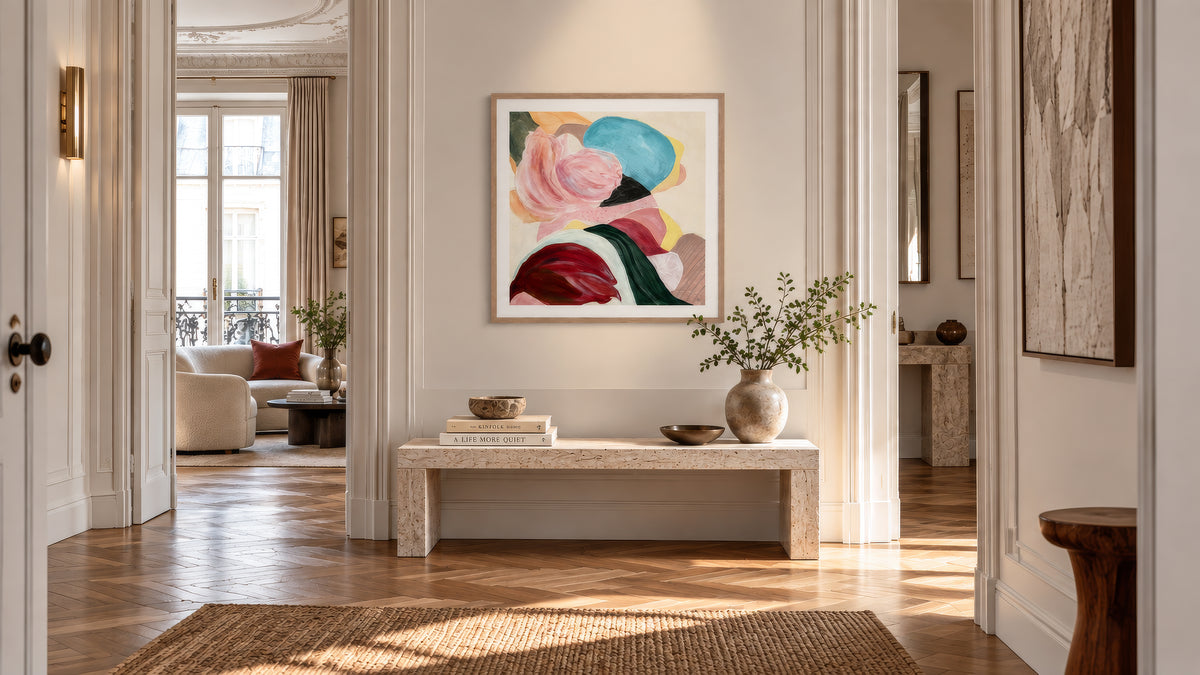 There is so much to tell, textured abstract art print with warm terracotta, deep burgundy and soft blue interwoven forms. Hanging in a modern hallway. Ingeborg Andersson Art