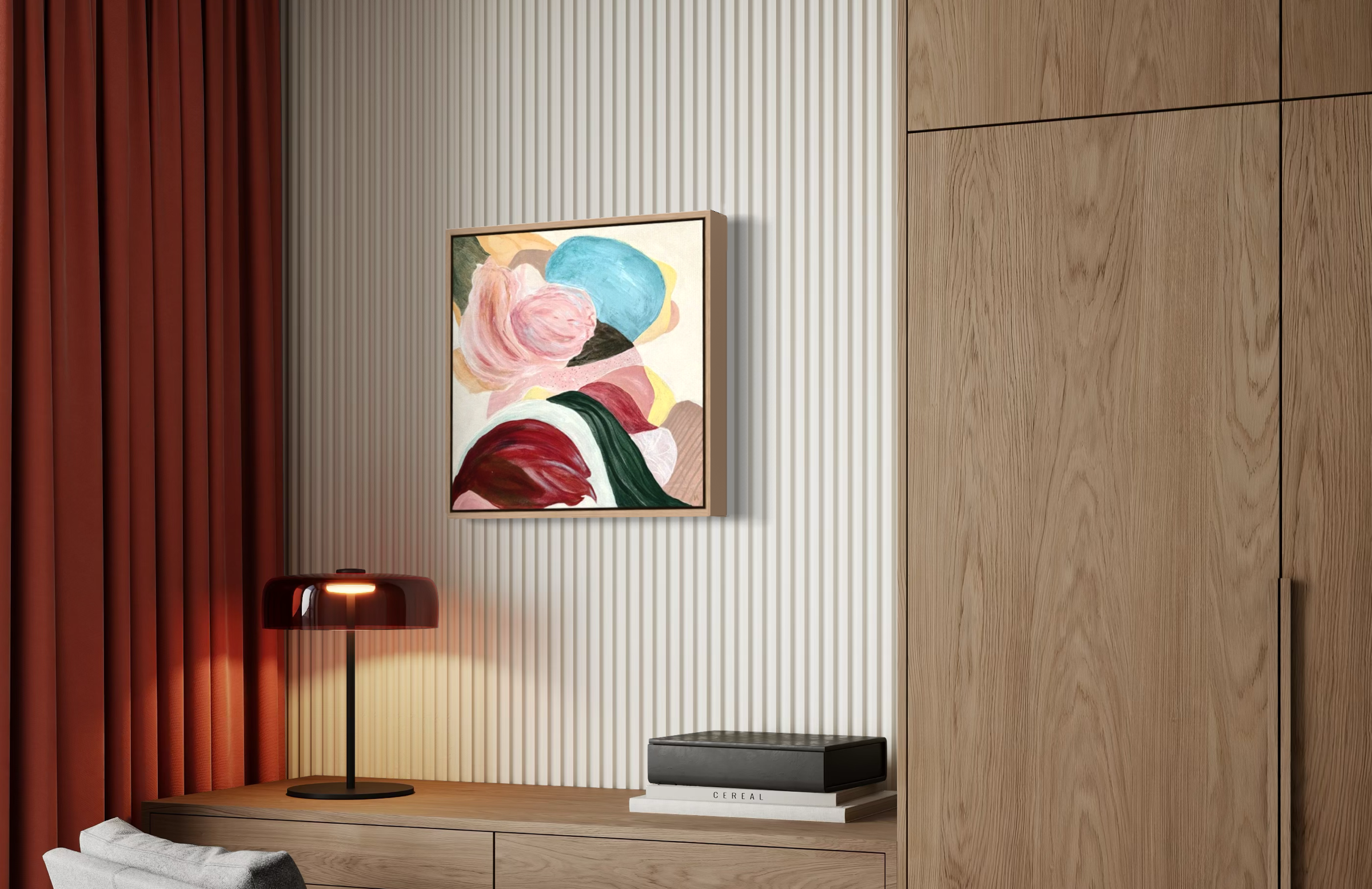 There is so much to tell, textured abstract art print in a modern office corner. Ingeborg Andersson Art