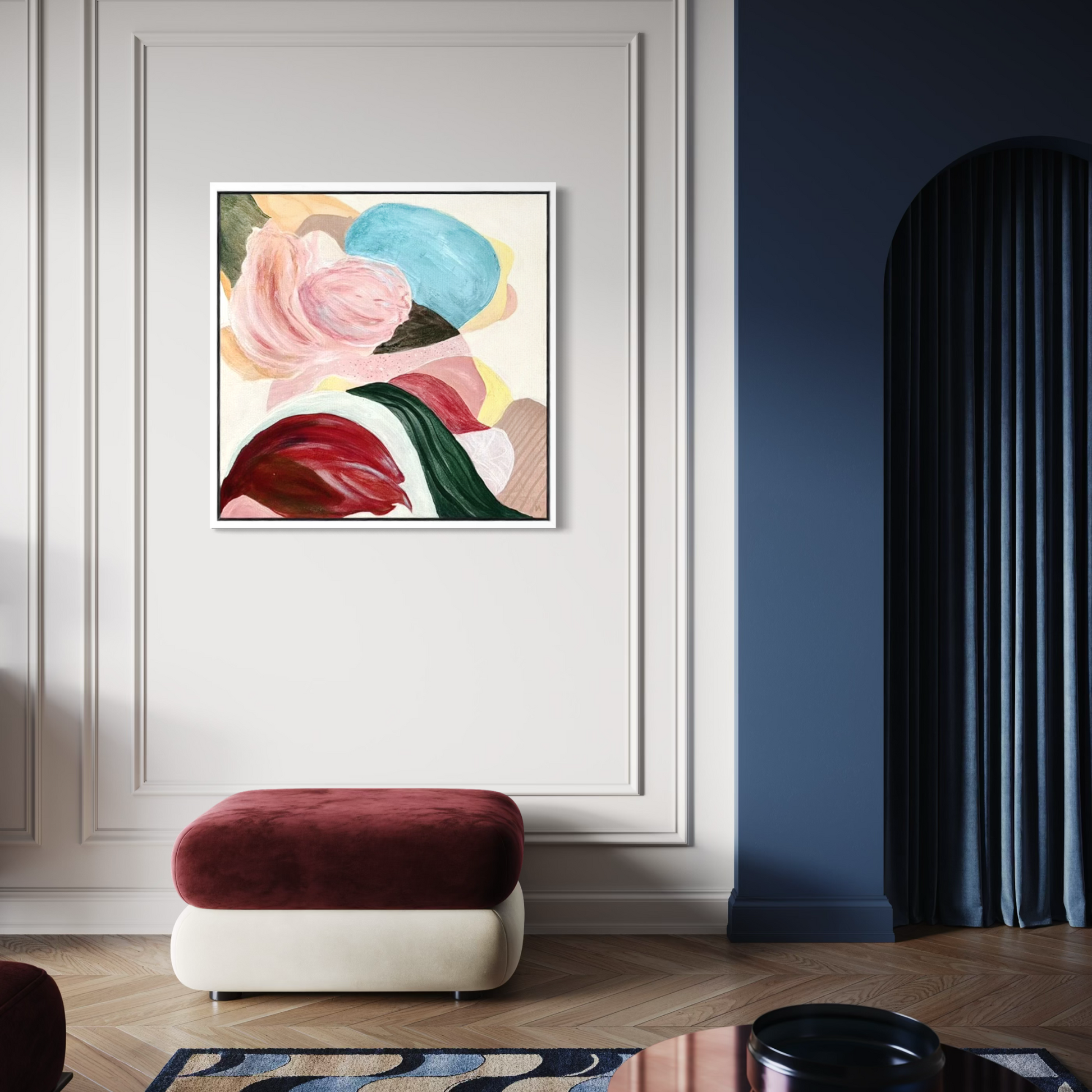 There is so much to tell, textured abstract art print in a modern seating area. Ingeborg Andersson Art