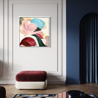 There is so much to tell, textured abstract art print in a modern seating area. Ingeborg Andersson Art