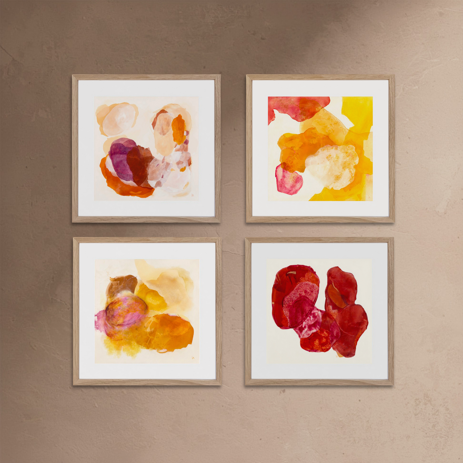 Warm Mini Print Collection featuring four abstract art prints in golden and earthy tones.