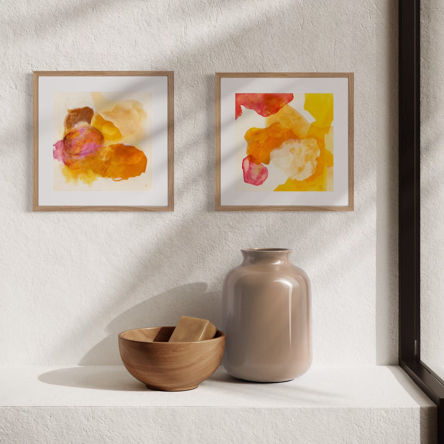 Golden and earthy mini art prints arranged as a small gallery wall.