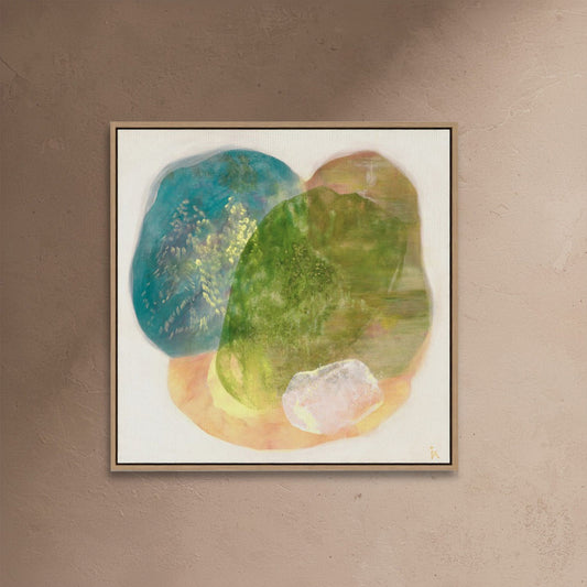 Whisperings, calming abstract wall art print with soft purple, warm gold and gentle green organic shapes in natural frame. Ingeborg Andersson Art