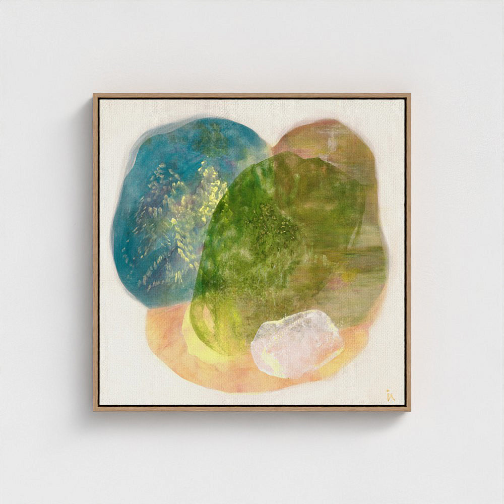 Whisperings, a calming abstract wall art print in natural floating frame, close up. Ingeborg Andersson Art