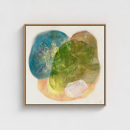 Whisperings, a calming abstract wall art print in natural floating frame, close up. Ingeborg Andersson Art