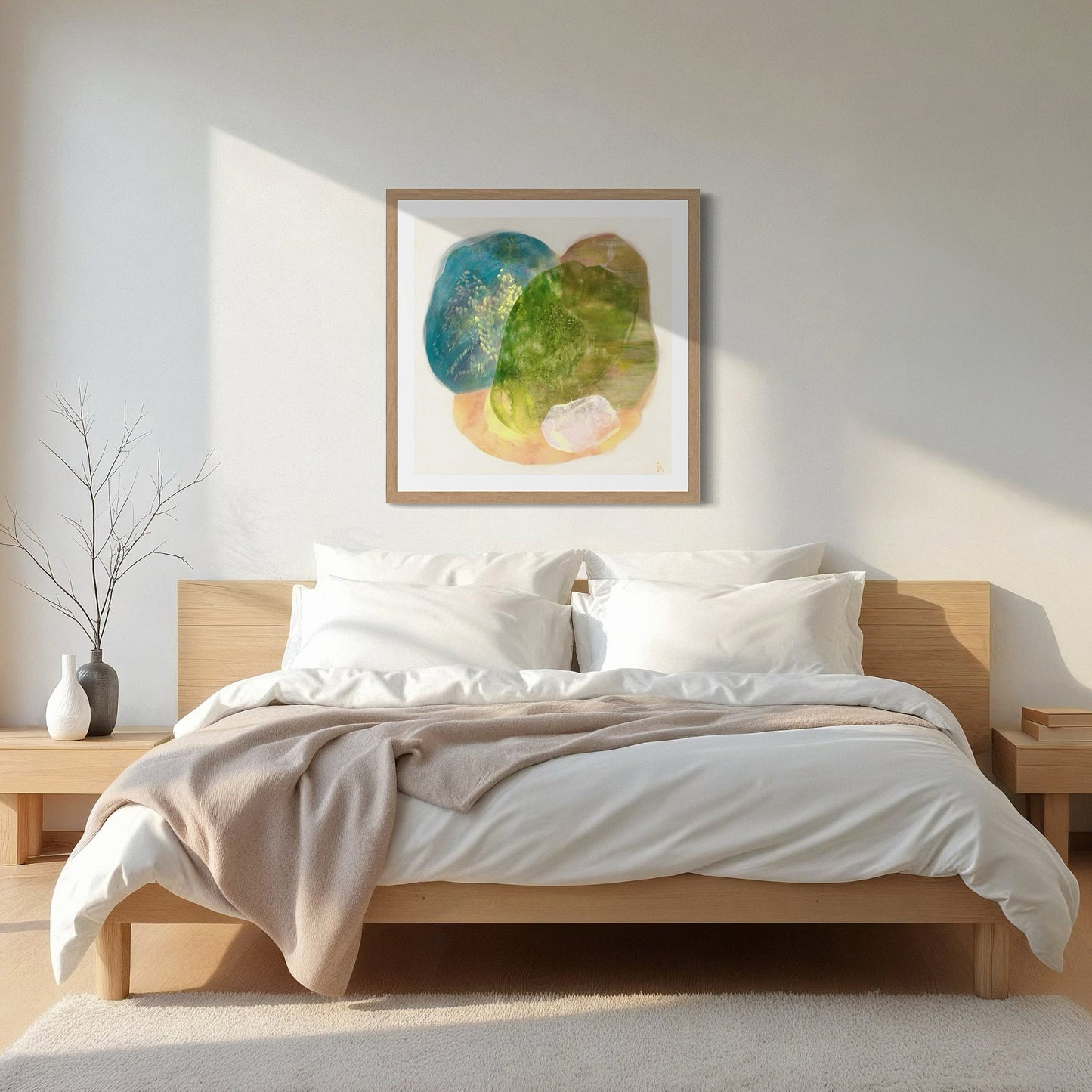 Calming abstract wall art print on paper in a bedroom, scandinavian style by Ingeborg Andersson Art