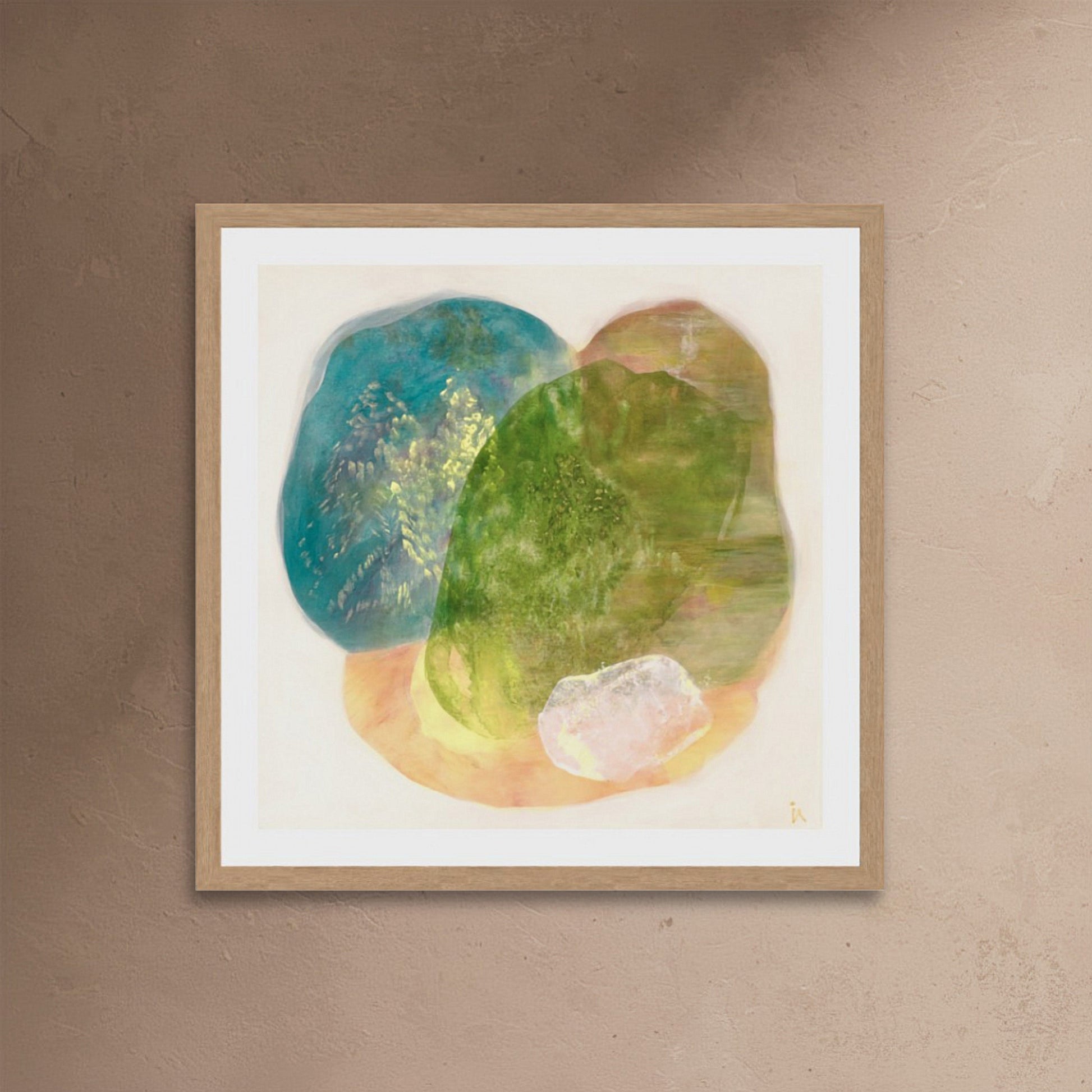 Whisperings, calming abstract wall art print in classic frame with soft purple, warm gold and gentle green and teel organic shapes on paper by Ingeborg Andersson