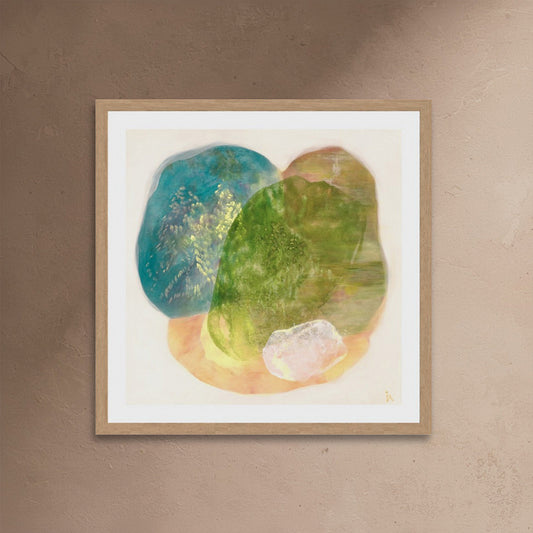 Whisperings, calming abstract wall art print in classic frame with soft purple, warm gold and gentle green and teel organic shapes on paper by Ingeborg Andersson