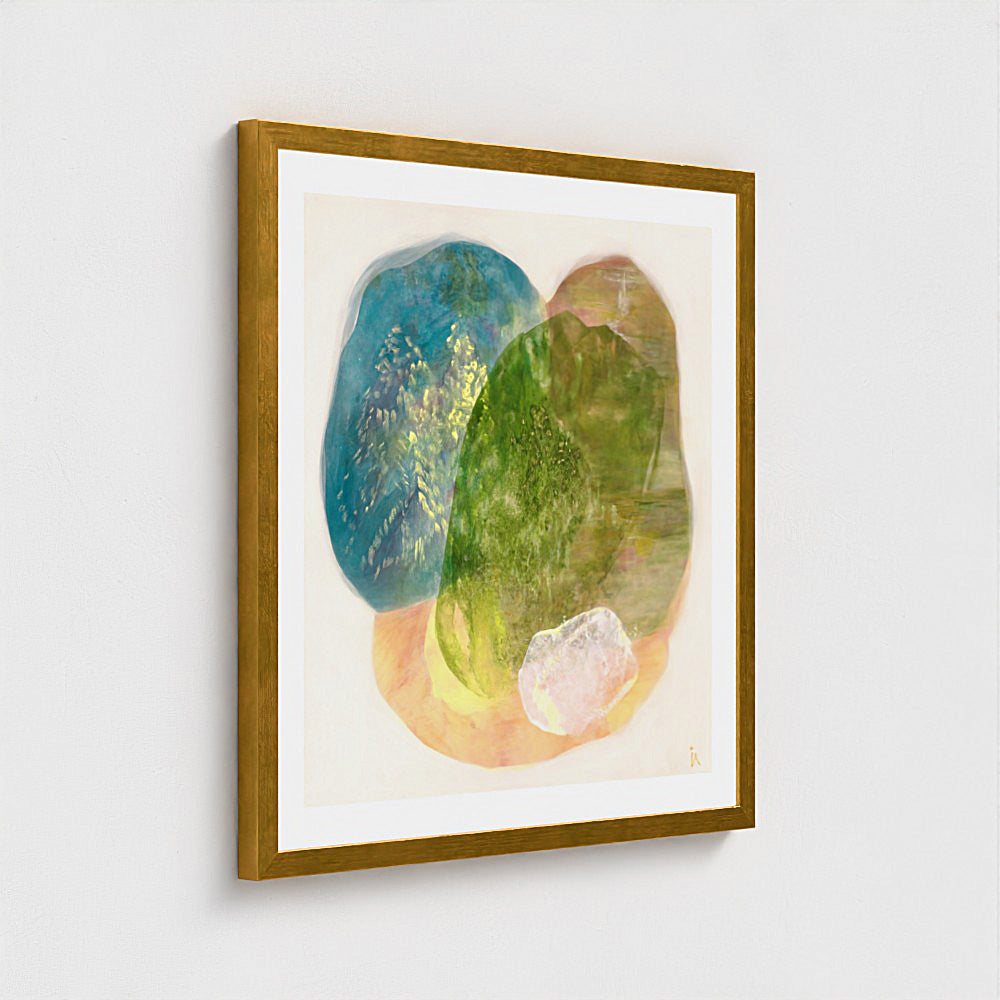 Calming abstract wall art print on paper, classic frame in gold finish. Ingeborg Andersson Art