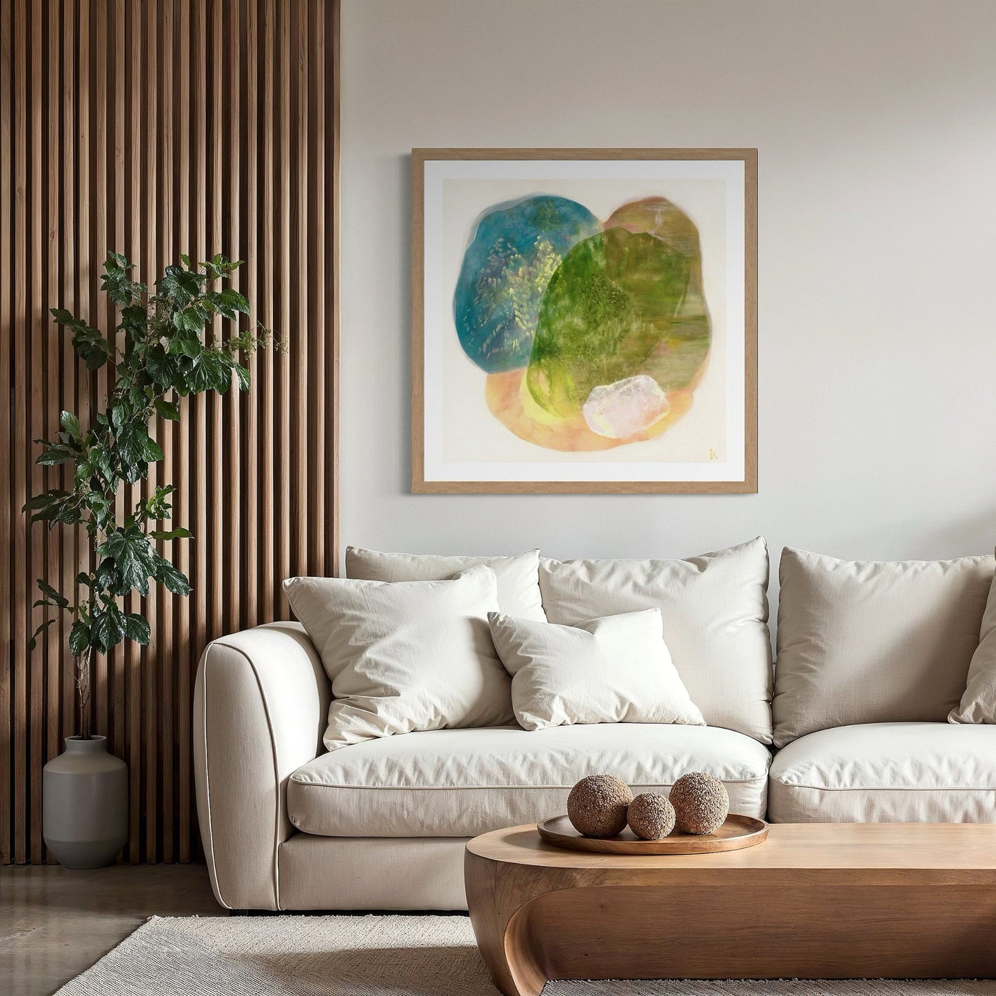 Calming abstract wall art print on paper in a living room, scandinavian style. Ingeborg Andersson Art