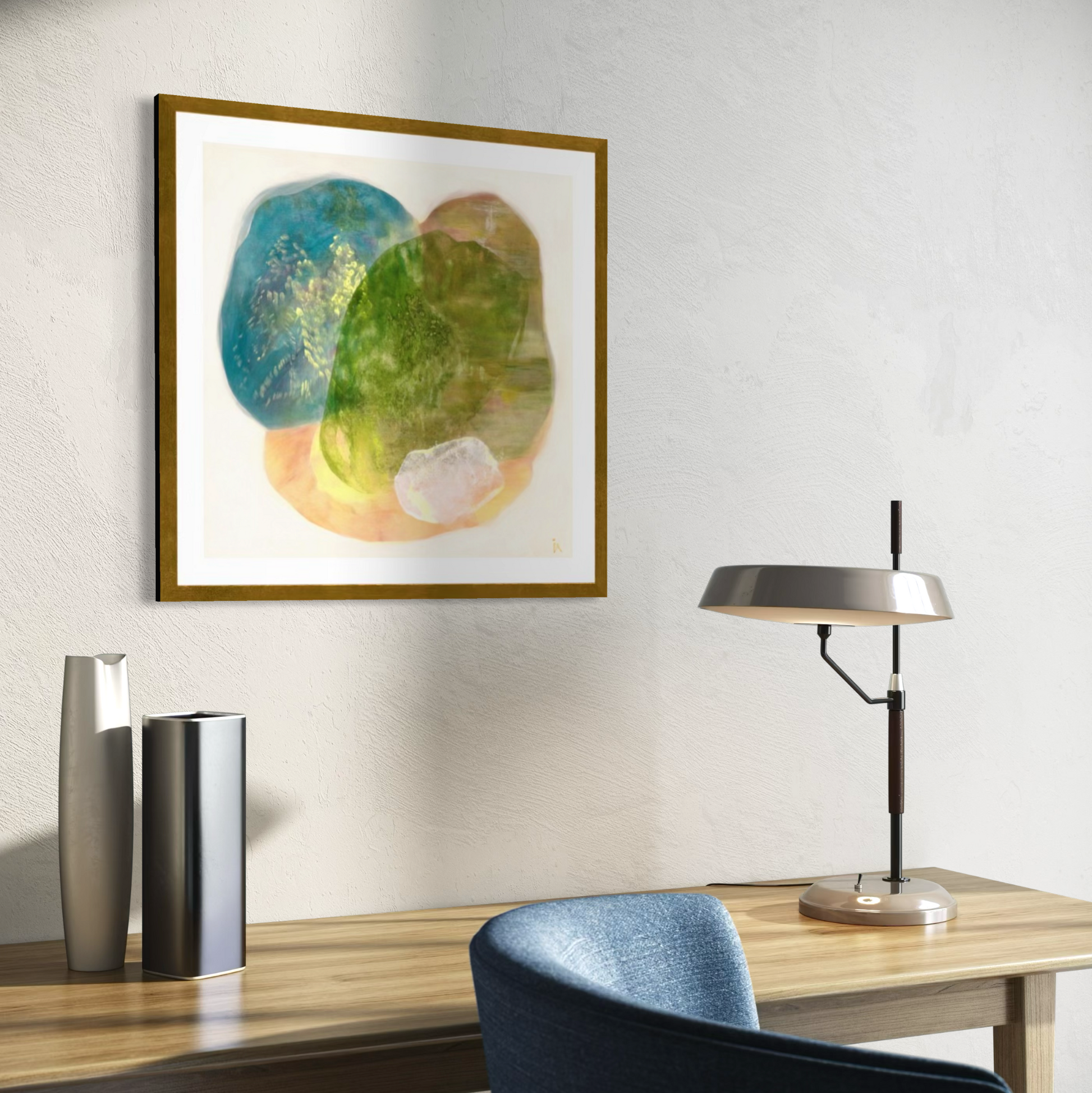 Calming abstract wall art print on paper in a modern office corner, scandinavian style. Ingeborg Andersson Art