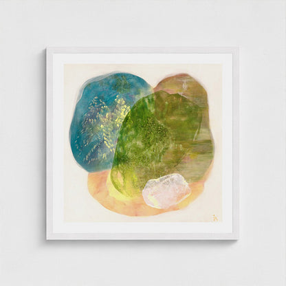 Calming abstract wall art print on paper, classic frame in white finish. Ingeborg Andersson Art
